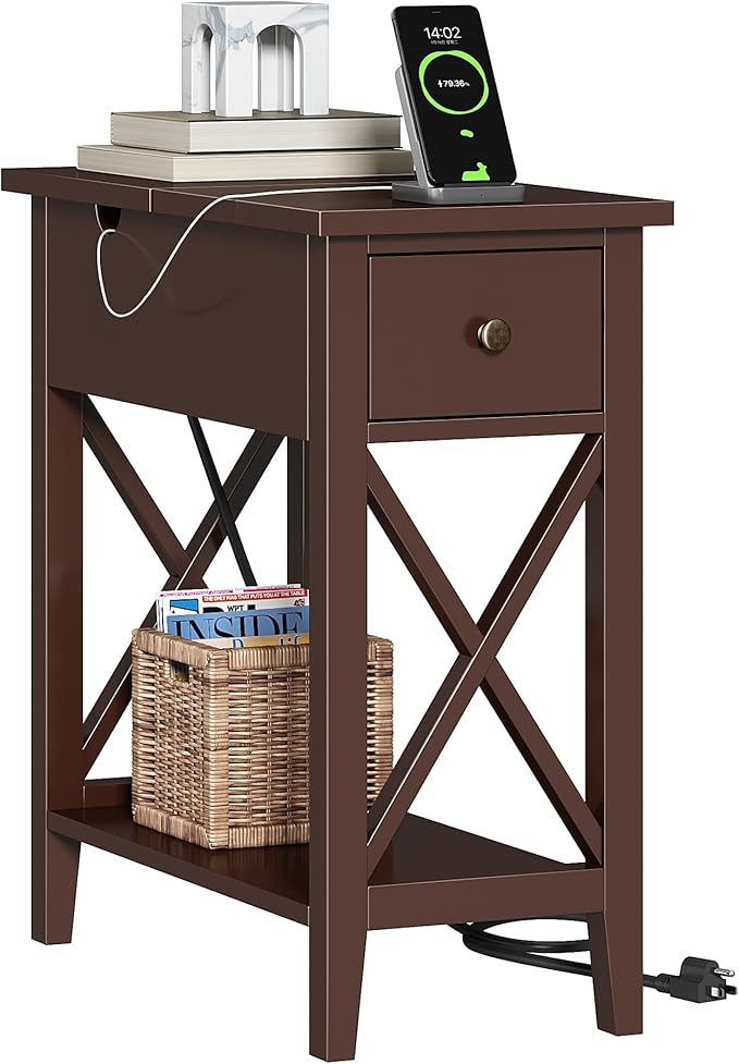ChooChoo End Table with Charging Station, Narrow Side Table with USB Ports and by ChooChoo