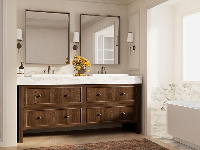 Keonjinn 30 x 36 Inch Brushed Bronze Bathroom Mirror, Metal Framed Rectangular - Image 2