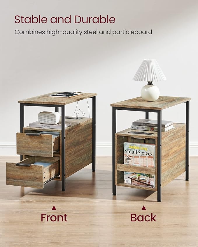 VASAGLE Side Table with Charging Station, Narrow End Table with 2 Drawers - Image 5