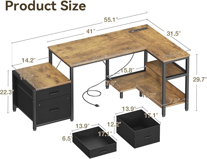 Casaottima L Shaped Desk with Drawers & File Cabinet, Reversible Computer Desk - Image 3