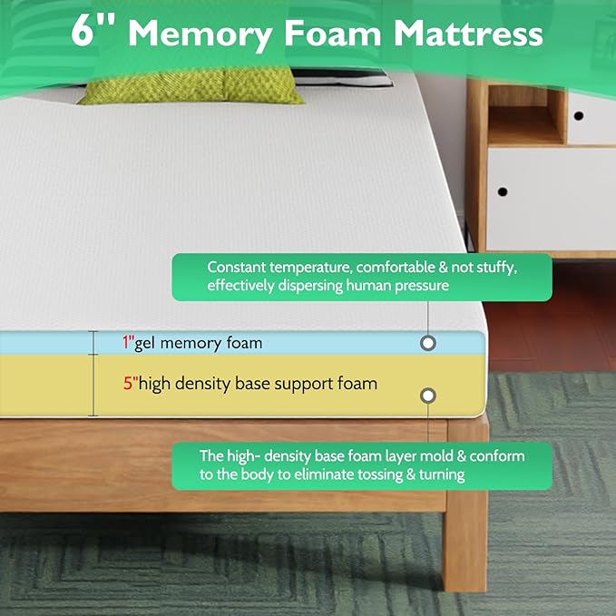 FDW | 6 Inch Twin XL Mattress | Medium Firm | Gel Memory Foam Mattress | White - Image 4