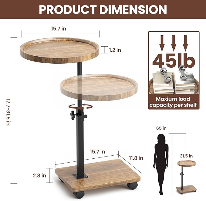 PPAMAPIC C Shaped End Table Adjustable Height, 360°Swivel TV Tray Table - Image 3