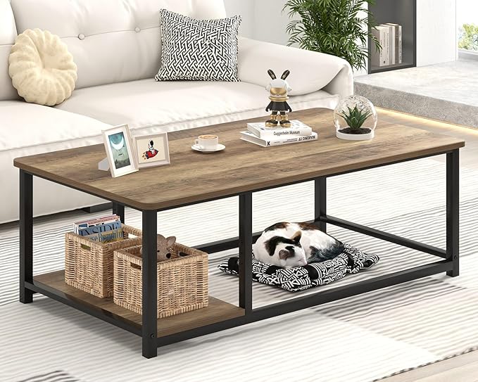 EXCEFUR Coffee Table with Storage Shelf, Modern Wood and Metal Center Table - Image 3