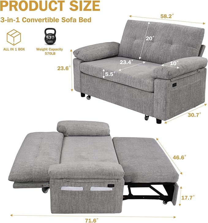 Vipbear 58" Convertible Sofa Bed, 3-in-1 Pull Out Sleeper Sofa - Image 2