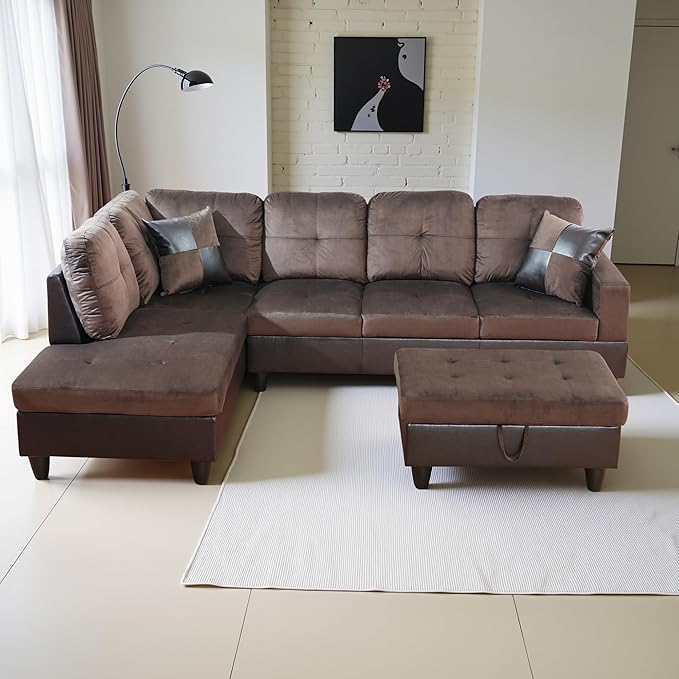 L Shaped Couch Upholstered Flannel Fabric 3 Pieces Sofas by LynginsCreativeLife