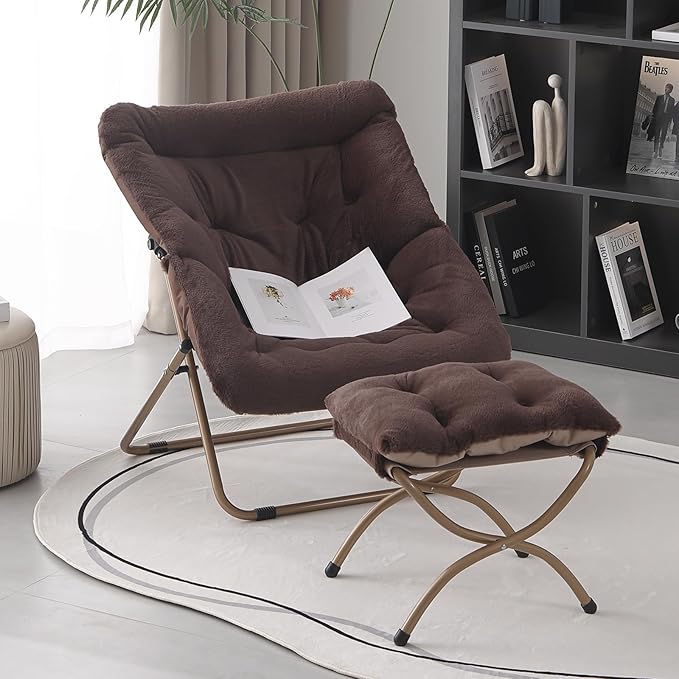 Saucer Chair with Ottoman, Oversized Folding Faux Fur Chair, Foldable Metal - Image 6