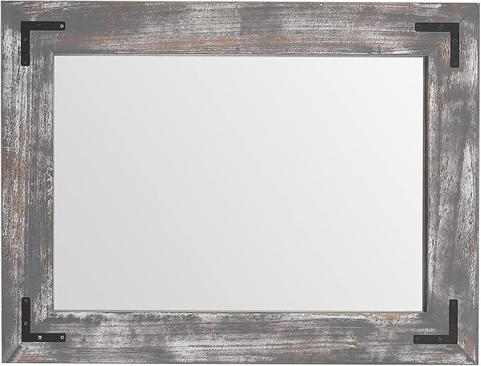 YOSHOOT Rustic Wooden Framed Wall Mirror, Natural Wood Bathroom Vanity Mirror - Image 4
