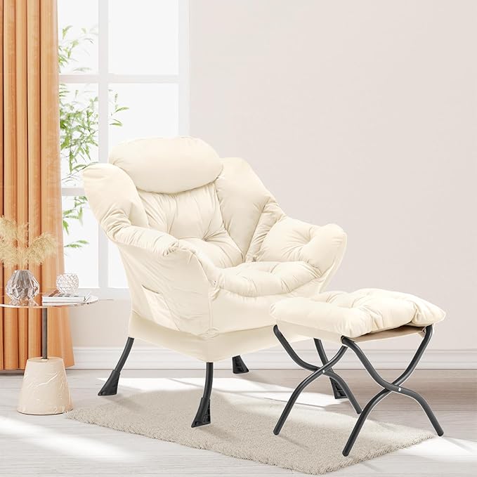 Lazy Chair with Folding Ottoman, Accent Chair Velvet Upholstered with Metal - Image 2