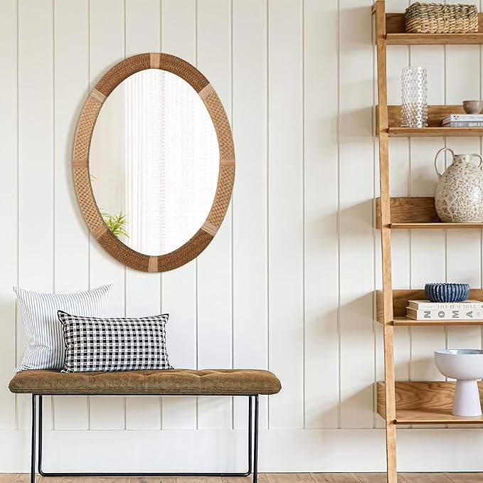ULIKE Oval Rattan Wall Mirror, 22x30 Inch Rustic Farmhouse Wall Decor - Image 5