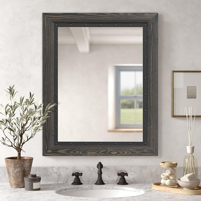 YOSHOOT Rustic Wooden Framed Wall Mirror, Natural Wood and Iron Bathroom Vanity - Image 2