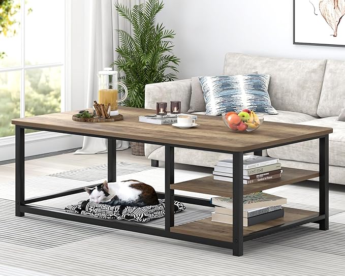 EXCEFUR Coffee Table with Storage Shelf, Modern Wood and Metal Center Table - Image 6