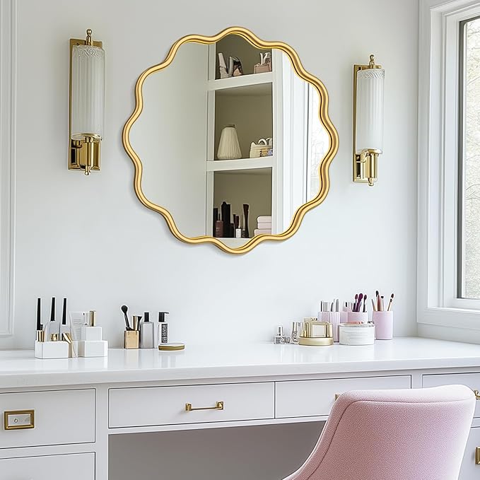 PROHOMEWARE Gold Round Mirror 24 Inch Wavy Bathroom Vanity Mirror Gold Frame - Image 7