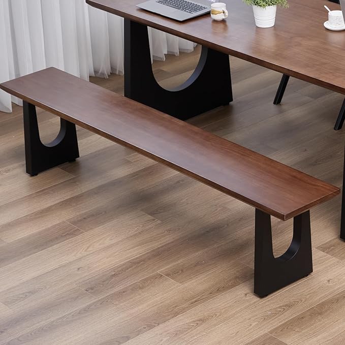 Walnut Color Long Bench Solid Wood Top Metal Legs U-Shaped Design Durable - Image 8