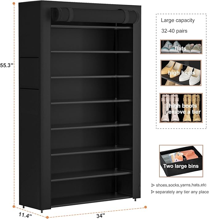 Tall Shoe Rack Dustproof Cabinet Large Capacity 8 Tier Shoe Organizer, 32-40 - Image 3