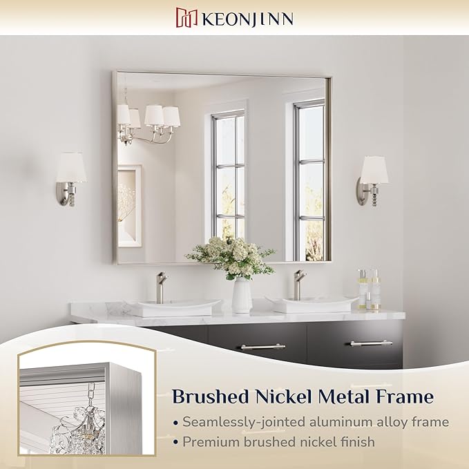 Keonjinn 48 x 40 in Brushed Nickel Bathroom Mirror, Rectangular Wall Metal - Image 6