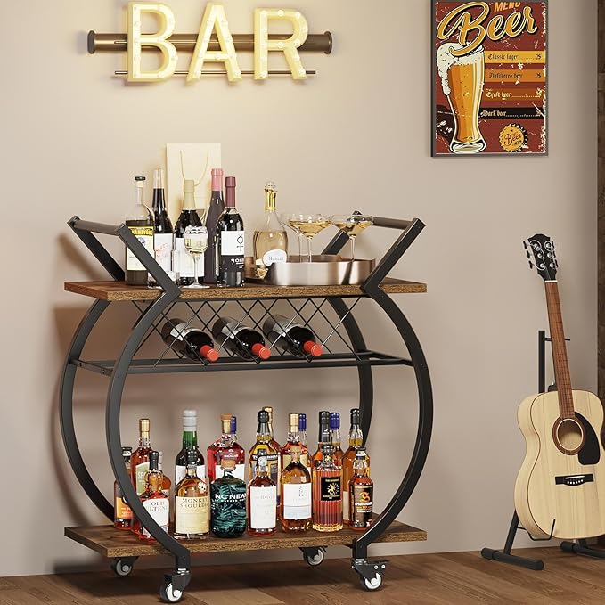 LVB Industrial Kitchen Bar Cart, Farmhouse Beverage Serving Liquor Cart - Image 3