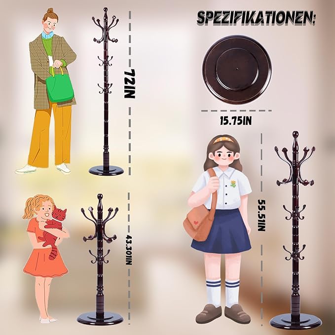 72 in Wood Coat Rack, Coat Rack Freestanding - Image 6