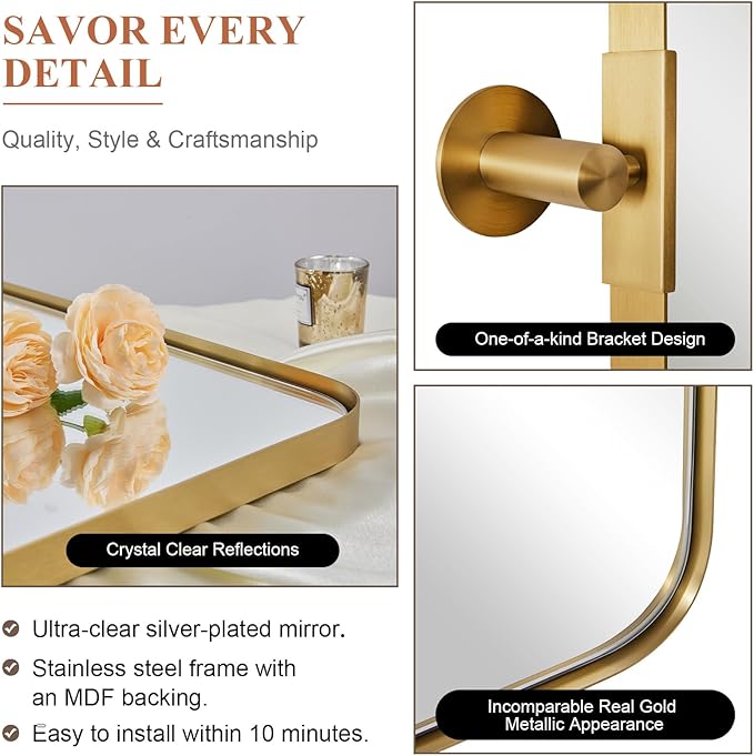 MOON MIRROR 36" x 24" Brushed Gold Rectangle Bathroom Mirror, Tilting Rounded - Image 7