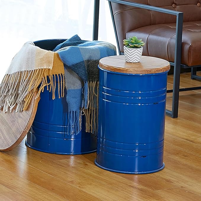 Glitzhome Farmhouse Accent Side Table, Metal Storage Stool Ottoman - Image 5