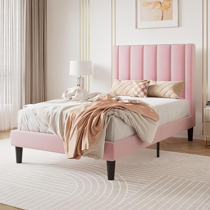 SHA CERLIN Twin Bed Frame/Velvet Upholstered Platform Bed Frame - Image 3