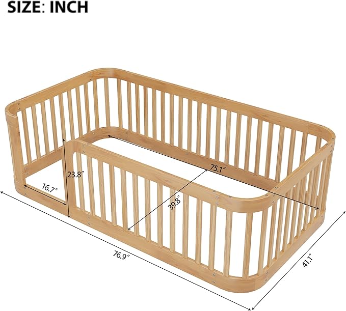 Bellemave Twin Floor Bed with High Fence and Rounded Corner Design, Wood - Image 3