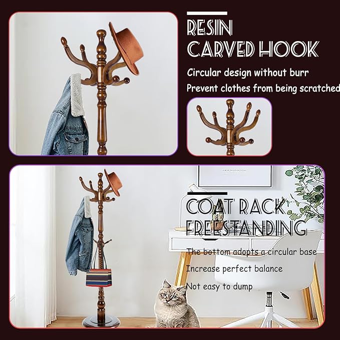 73 in Wood Coat Rack, Coat Rack Freestanding - Image 3