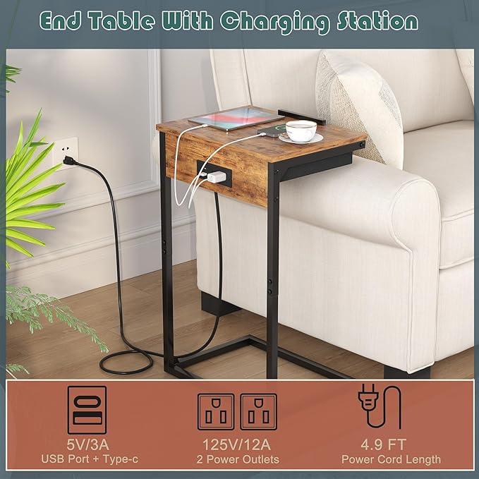 C Shaped End Table with Charging Station, 45° Tiltable Adjustable Flip Top Side - Image 5