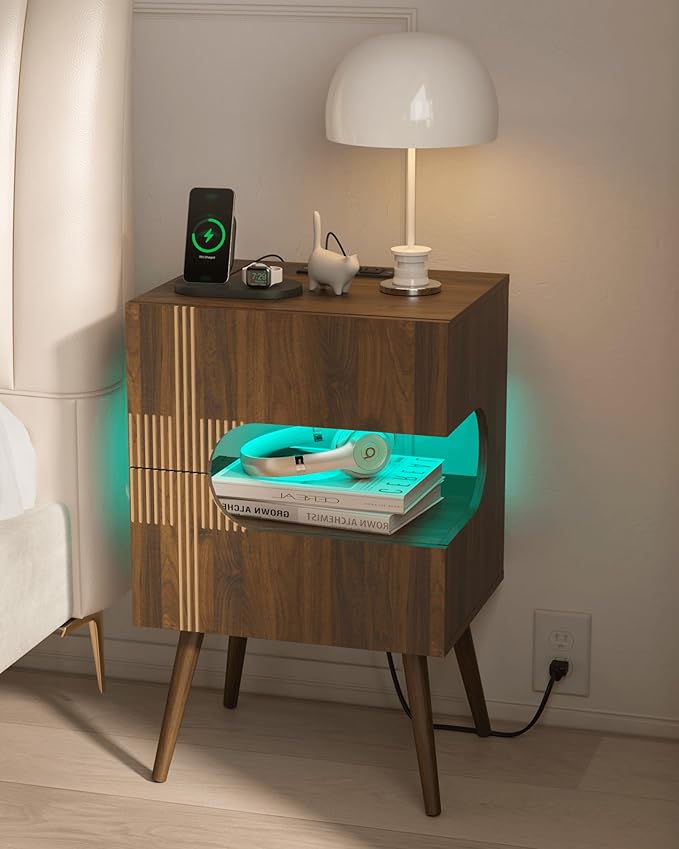 Nightstand with Charging Station and LED Lights, Modern Bedside Table with 2 - Image 8