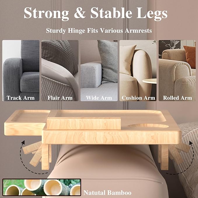 Bamboo Couch Arm Table with Remote Control Tray & Rotating Phone Holder - Image 5
