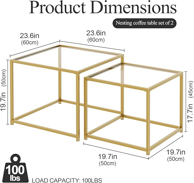 VILAWLENCE Coffee Table Set of 2, Modern Gold Glass Side Table, Metal Frame - Image 2