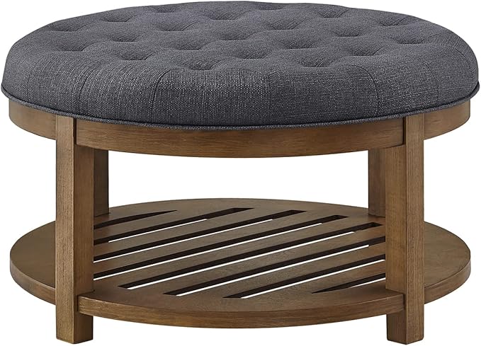 24KF Large Round Upholstered Tufted Linen Ottoman Coffee Table, Large Footrest - Image 4