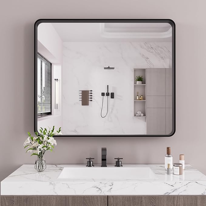 Black Bathroom Mirror 48X40 Inch, Rounded Rectangle Matte Bathroom Vanity Mirror - Image 2