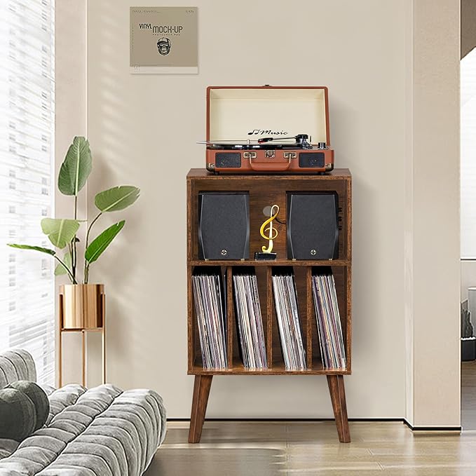 Lerliuo Record Player Stand, Mid-Century Vinyl Storage Cabinet Table - Image 4