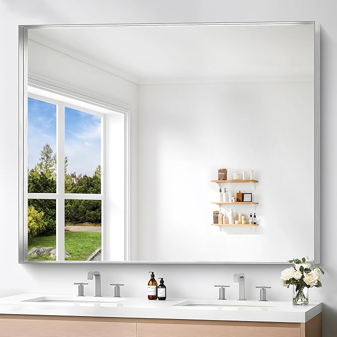Silver Bathroom Mirror, 40x48 Inch Rectangular Framed Mirror, Large Wall by Unknown