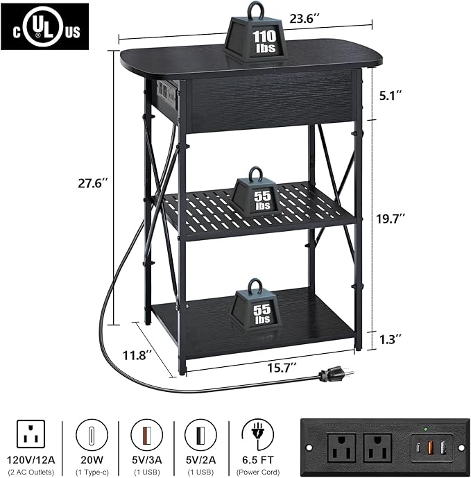 Narrow Side Table with Charging Station, End Tables Set of 2 - Image 3