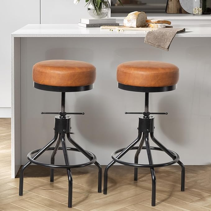 Industrial Bar Stools Set of 2 Adjustable Swivel Round Barstools Modern PU - Image 7