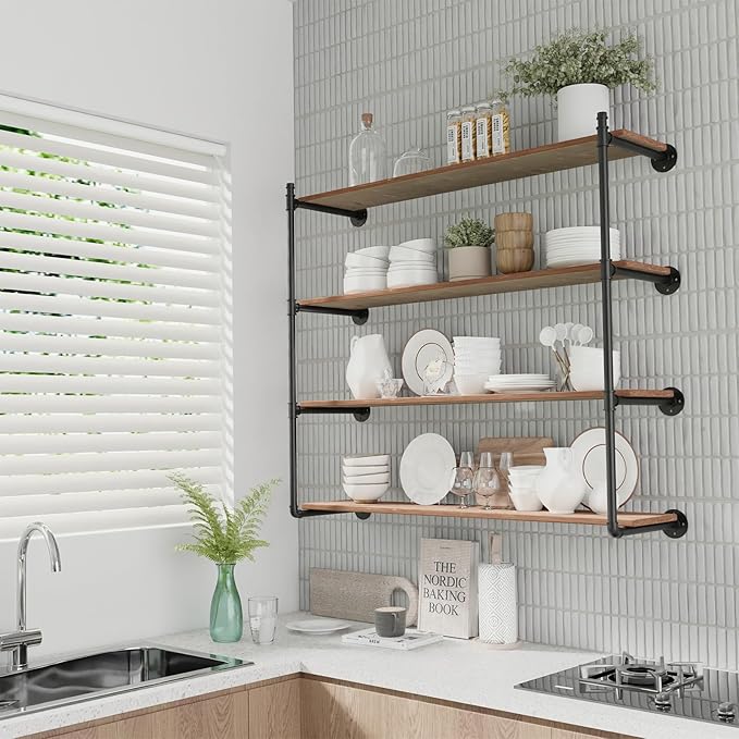 Industrial Pipe Shelf Brackets Wall Mount, Open Black Pipe Shelving - Image 2