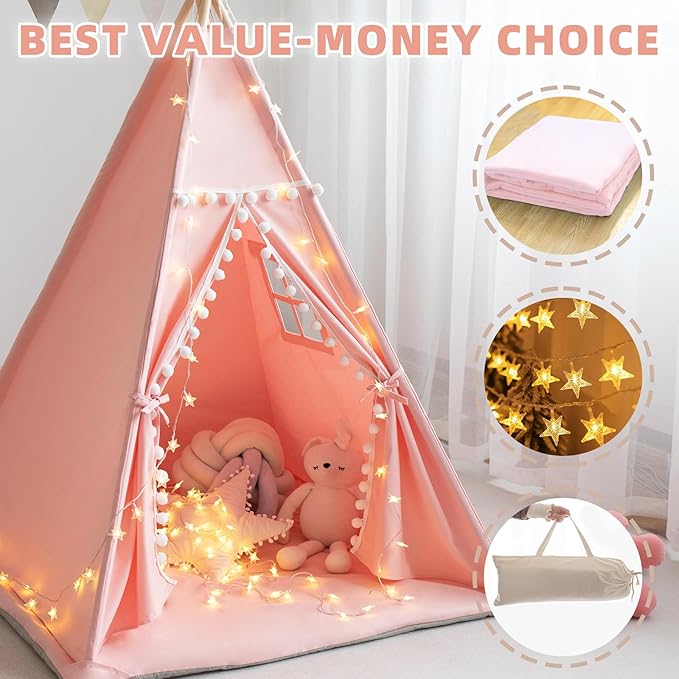 Teepee Tent for Kids with Mat, Star Lights, Carry Case, Cotton Canvas Playhouse - Image 3