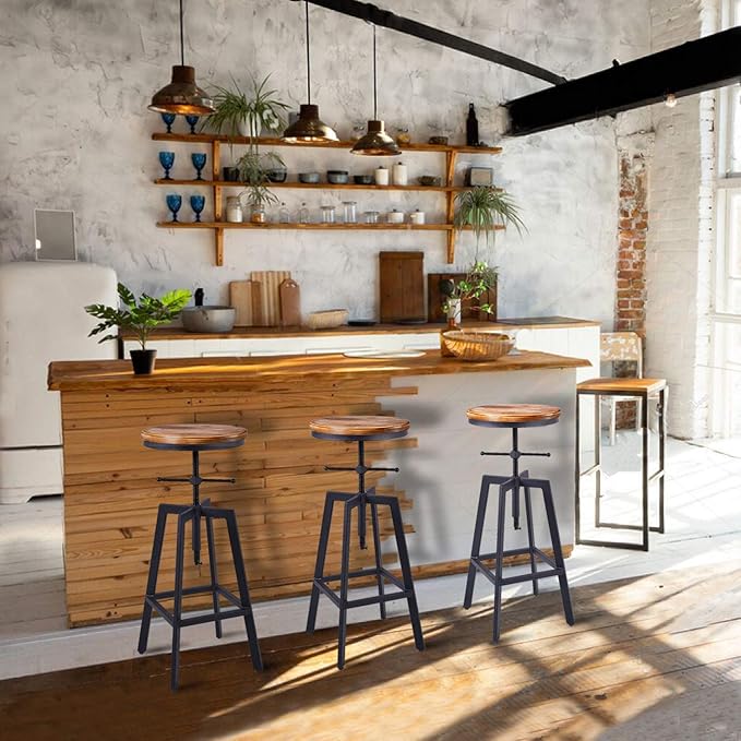 Diwhy Industrial Bar Stools, Kitchen Dining Chair, Wood Metal Stool, Adjustable - Image 7
