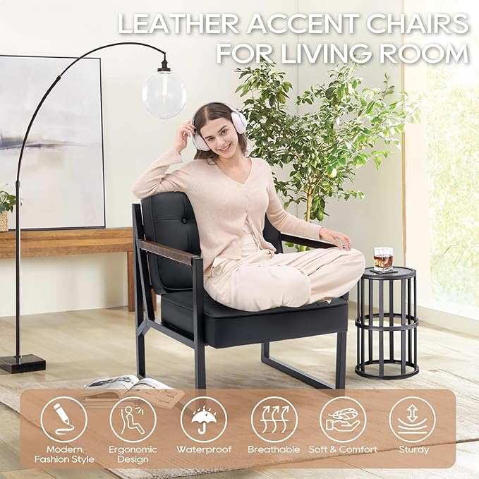 COLAMY Black Leather Accent Chair, Accent Arm Chair - Image 6