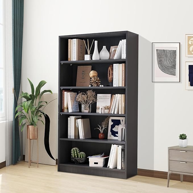 Wooden Bookshelf with Adjustable Shelves, 5 Tier Tall Bookcase by Unknown