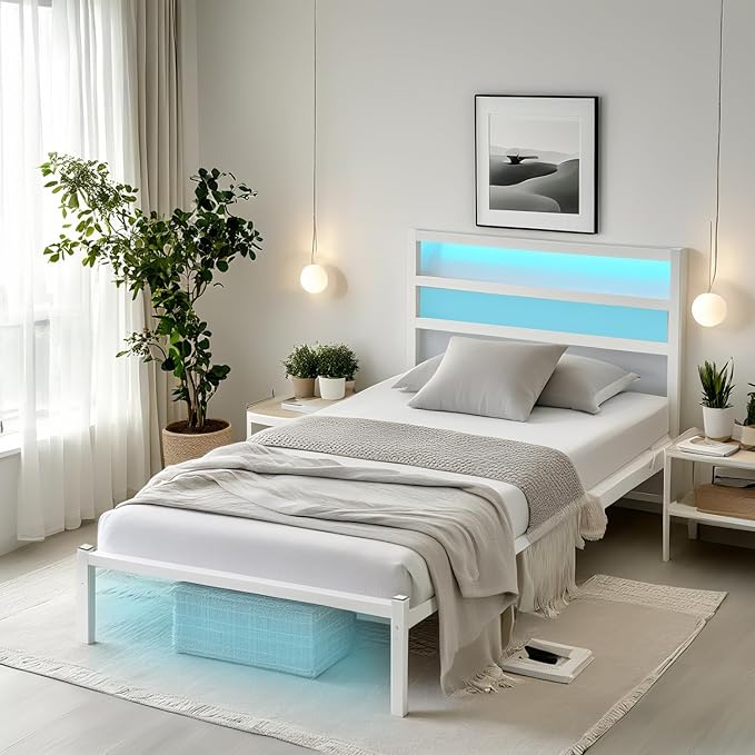 Twin Bed Frame with Headboard, Heavy Duty Steel Slats Support-LED Bed Frame by CLIBFENG