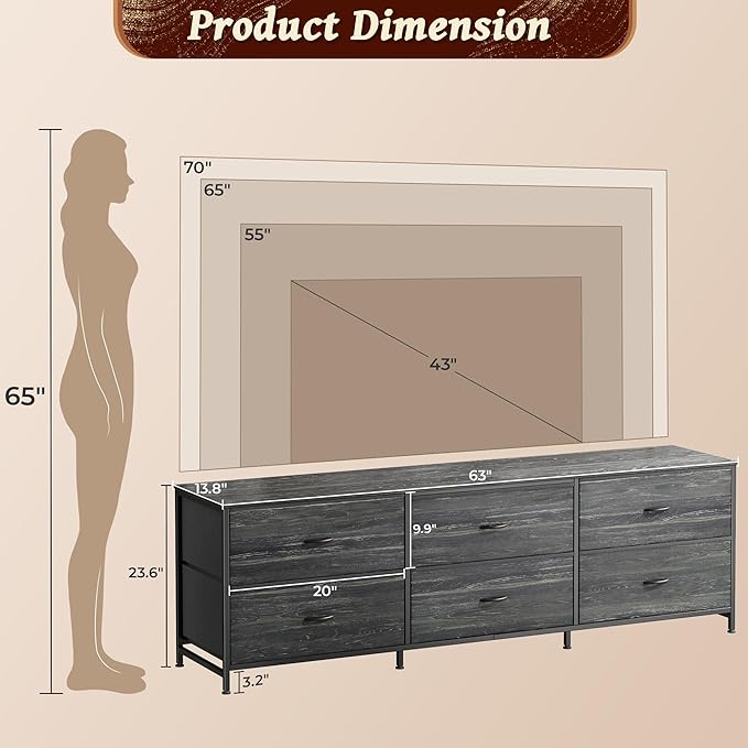 Huuger 63 Inch Long Dresser for Bedroom, TV Stand for 55, 70 Inch TV, 6 Drawer - Image 3