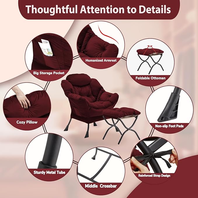 Lazy Chair with Folding Ottoman, Accent Chair Velvet Upholstered with Metal - Image 6