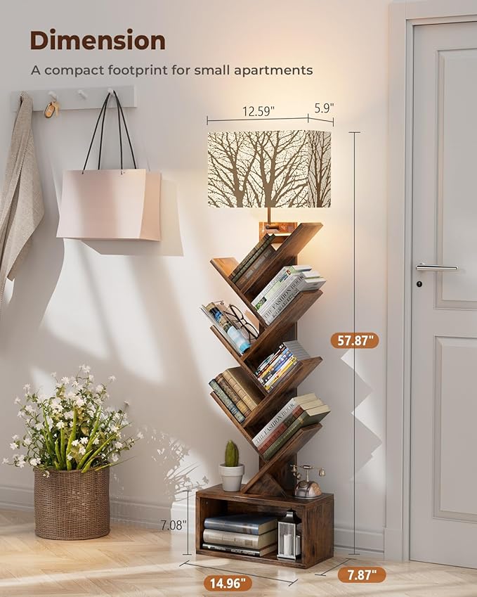 Tree Bookshelf with Light, 6 Tier Small Bookcase, Narrow Floor Standing Book - Image 2