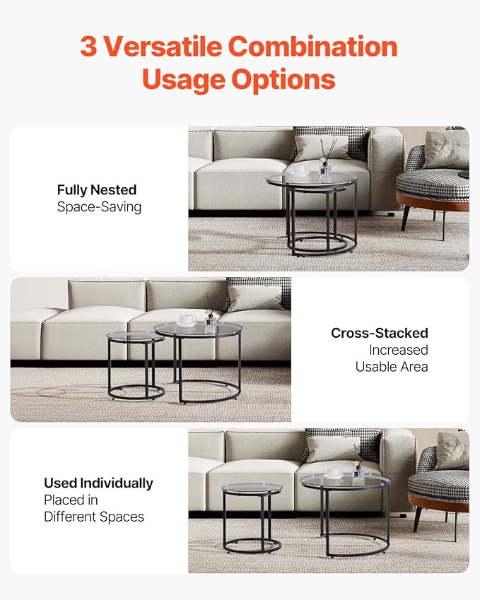 VEVOR Nesting Tables, Glass Coffee Table Set of 2, 23.6 inch Round Coffee Table - Image 4