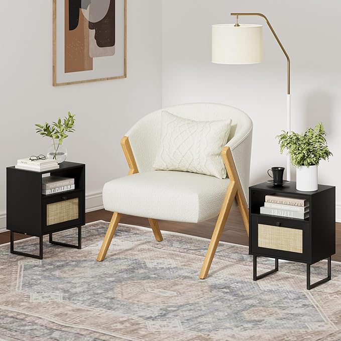 Masupu Rattan Nightstand, Boho Night Stand Modern Farmhouse Wood Bedside Table - Image 3