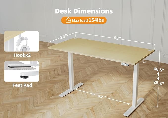 Seang Standing Desk with Adjustable Height, 63x24 Inch Electric Stand Up Desk - Image 3