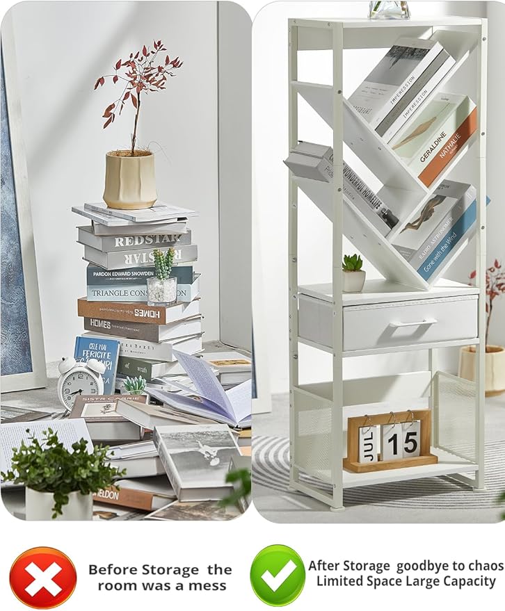 Bookshelf with Drawer, 8 Tier Tree Bookcase Retro Floor Standing Bookshelves - Image 6