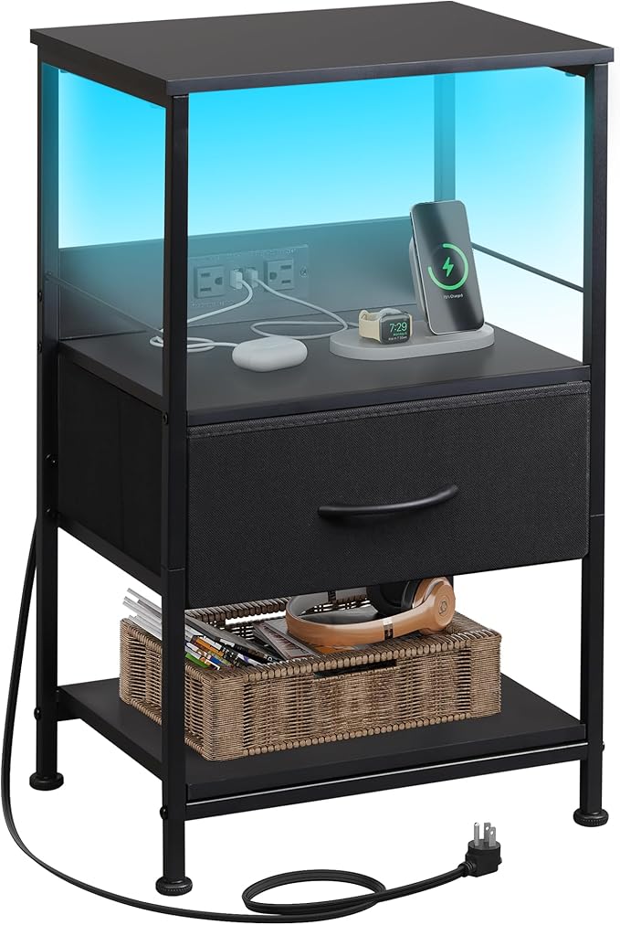 WLIVE Night Stand with Charging Station, LED Nightstand with Adjustable Fabric by WLIVE